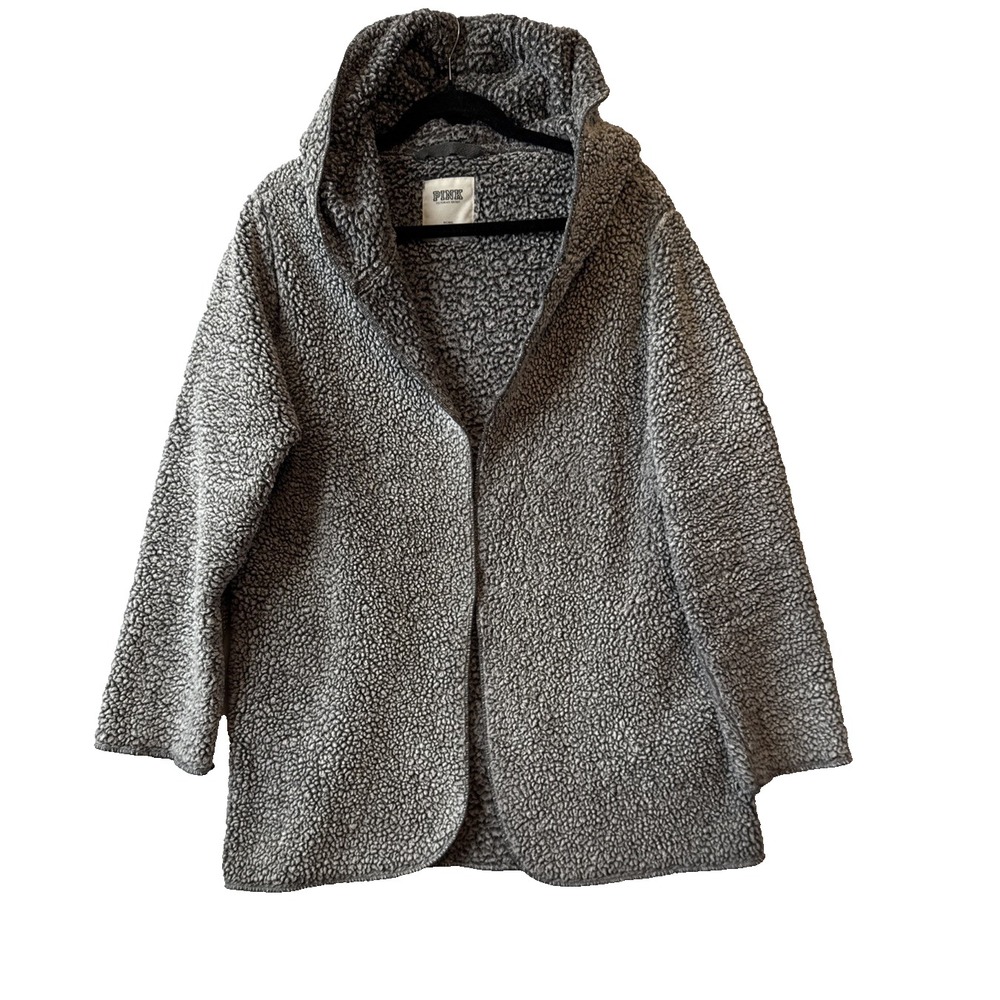 PINK Victorias Secret Gray Sherpa Hoodie Cardigan Open Jacket Cozy Teddy M/L